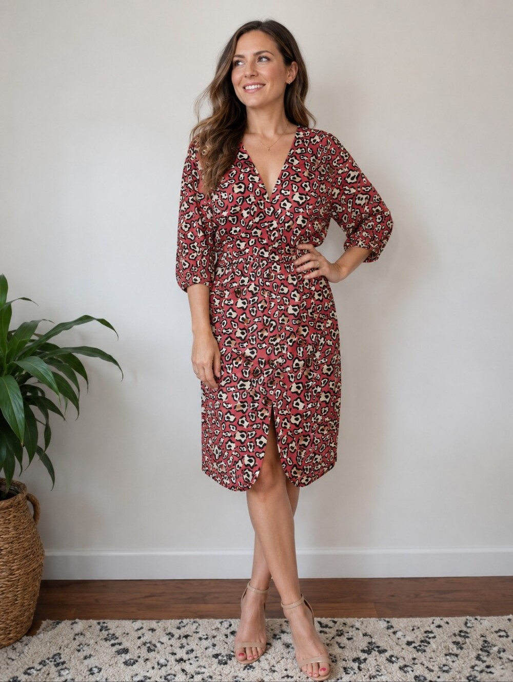 Tucker NYC Silk Pink Leopard Animal Print Midi Dress Mobwife Vneck Classic Chic